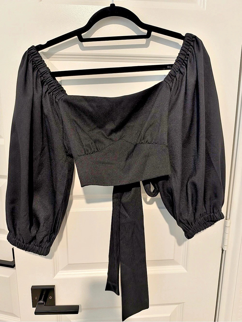 Black Puff Sleeve Crop Top with an adjustable Tie-back